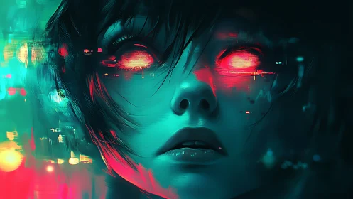 Neon-lit cybernetic portrait with glowing red ocular implants.