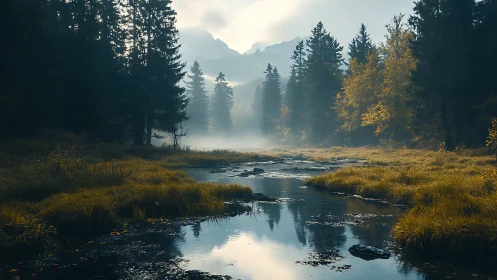 Alpine River Valley with Coniferous Forest Ecosystem and Morning Mist