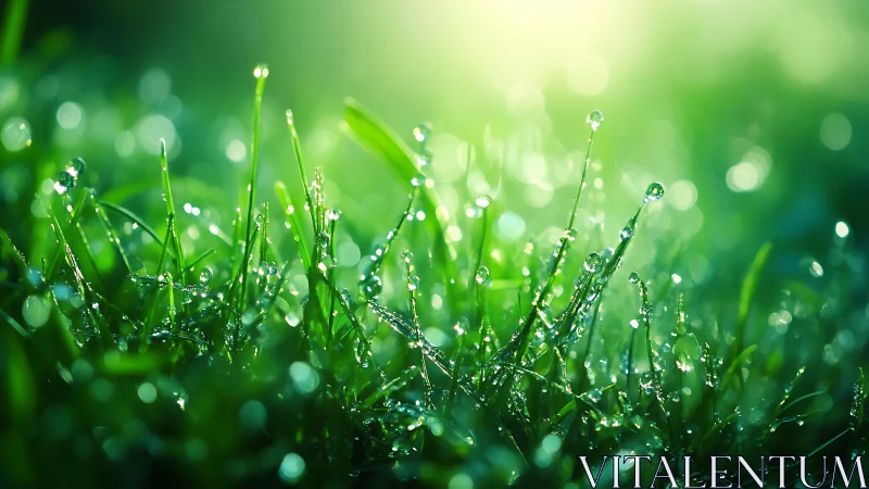 Morning dew pearls cling to vivid backlit grass blades