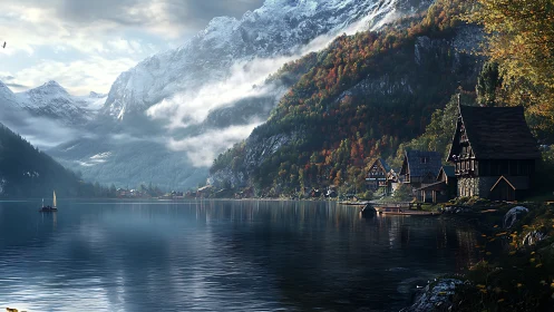 Mountain lake village dreaming beneath drifting autumn mist.