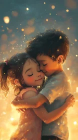 Two children embraced in golden luminescence.