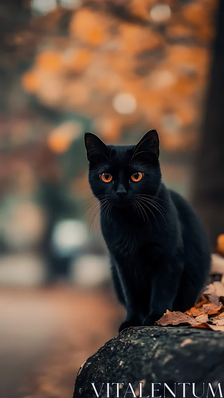 Black Cat with Glowing Amber Eyes in Autumn.