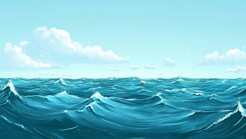 Sunlit ocean waves roll beneath a clear blue sky.