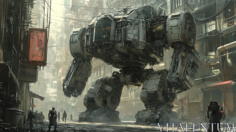 Heavily armored quadruped mech patrolling dense urban canyon.