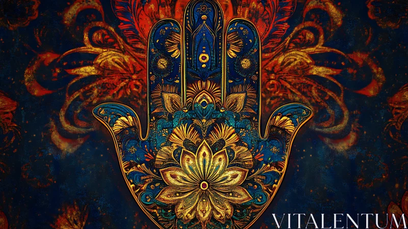 Ornate hamsa hand glows with fiery floral mysticism