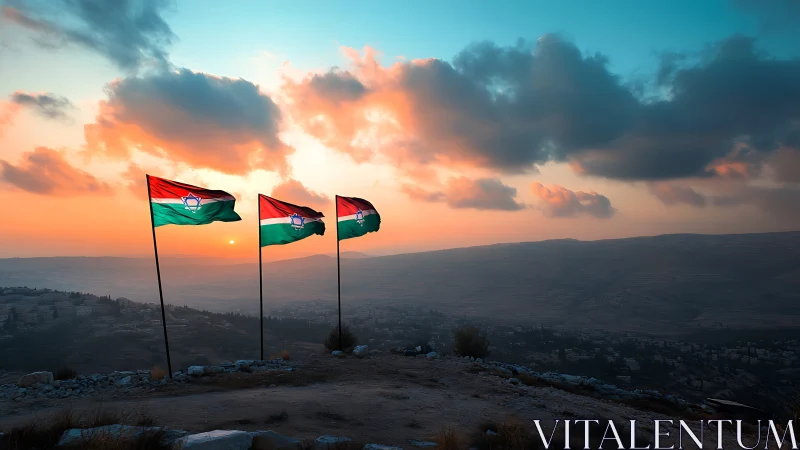 Triad of hilltop flags under vivid mountain sunset.