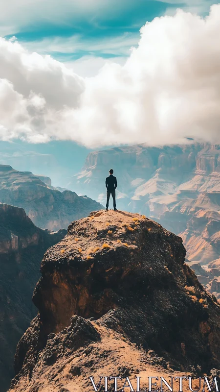 Silhouetted person stands on rocky peak above distant canyon