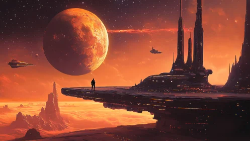 Solitary watcher on ember skies above a burning planet.