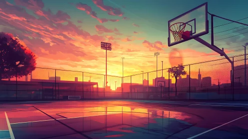 Sunset court glow where city hoops quietly wait for night.
