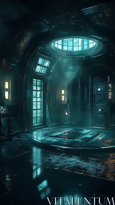 Cryogenic docking bay with teal volumetric lighting and mist.