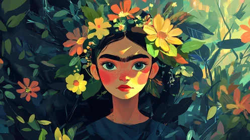 Stoic forest dreamer crowned in wild electric blooms.