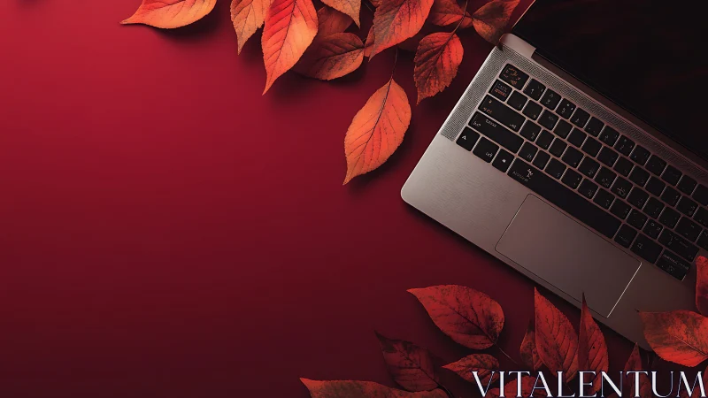 Aluminum laptop with autumn foliage on matte red background plane