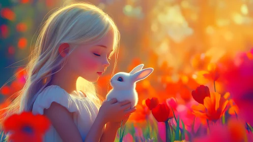 Luminous child–rabbit portrait in saturated tulip field glow.