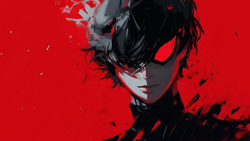 Masked antihero portrait in high-contrast red monochrome.