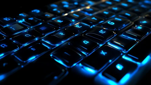 Backlit keyboard keys in vivid electric blue glow.