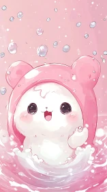 Kawaii white creature splashes in pastel pink water.