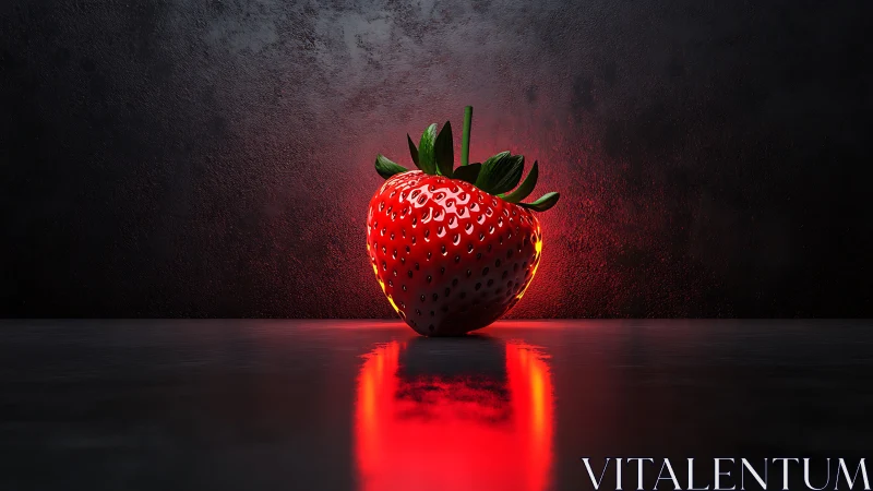 Illuminated strawberry on reflective surface in dark space.