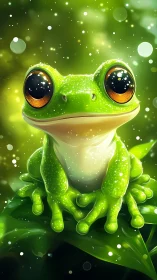 Bright-eyed green frog rests on dewy leaves in soft light