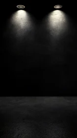 Dual spotlit black gallery wall with textured floor plane.