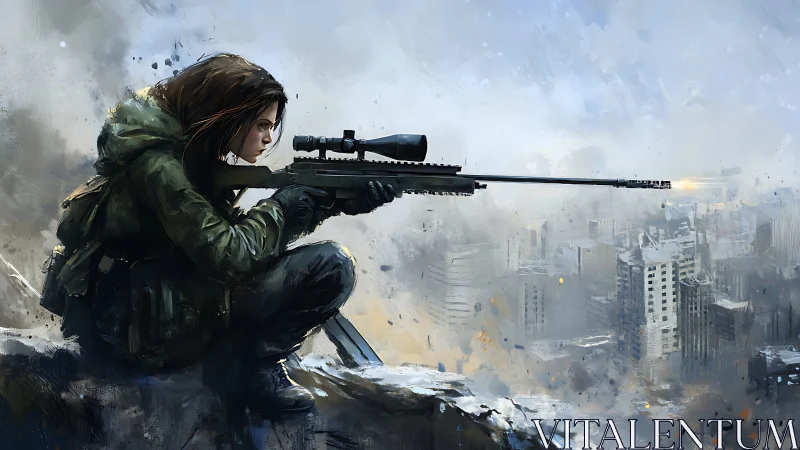 Sniper overlooking decimated cityscape from elevated position.