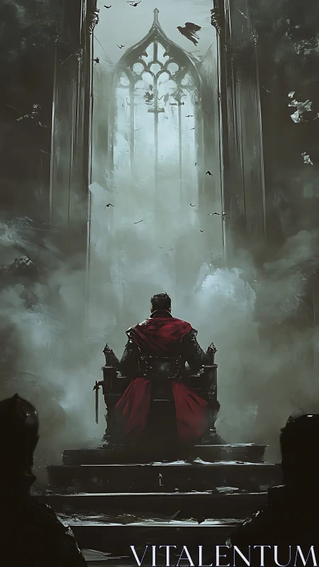 Lone warlord on shadowed throne beneath ruined cathedral window