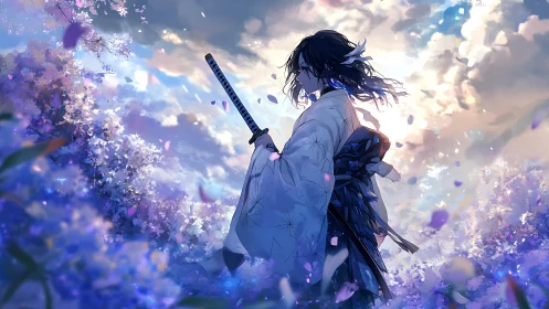 Samurai silhouette in luminous blossom field at dusk.