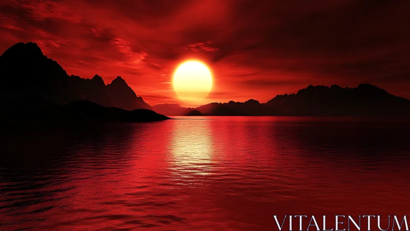 Red sun over dark mountains and reflective calm water.