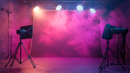 Studio lighting setup with colored fog and backdrop wall.