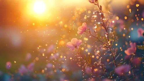 Pink blossoms stand in warm backlit sunset with bokeh droplets