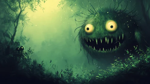 Green forest monster with glowing eyes and sharp teeth