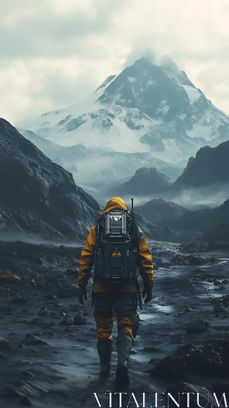 Lone explorer treks toward a looming, mist-shrouded peak