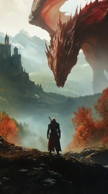 Armored warrior confronting colossal dragon in misty valley.
