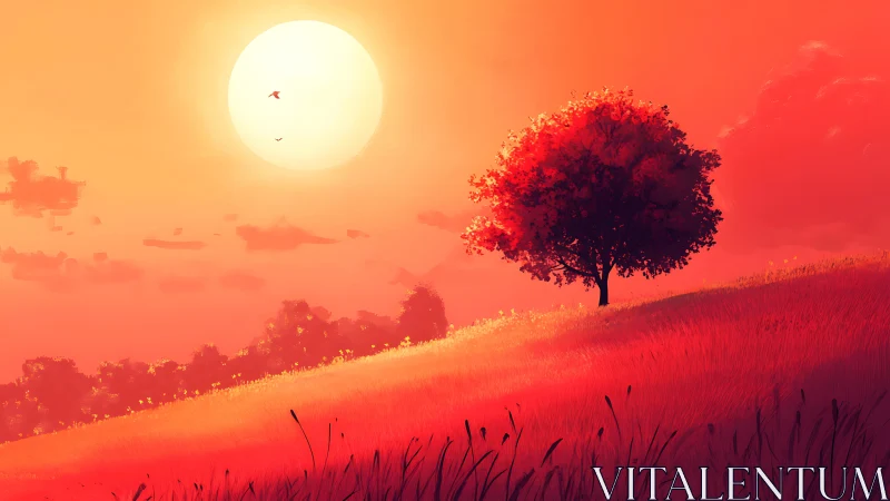 Digital landscape with lone crimson tree and radiant sunfield.