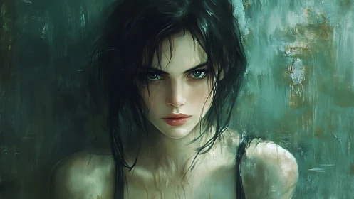 Intense teal portrait of wet haired woman in painterly focus