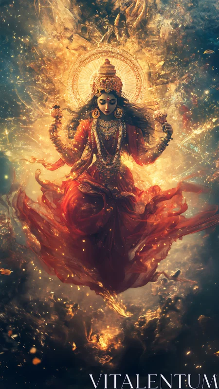 Radiant goddess ascends through swirling celestial fire.