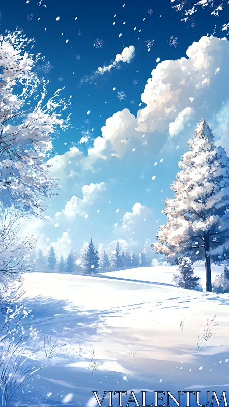 Snow-covered rural landscape with trees under clear sky.