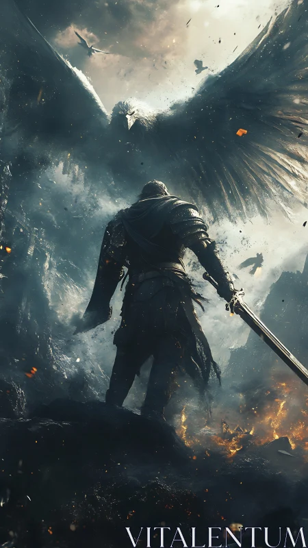 Stormforged knight faces thunder-winged guardian in flame-lit dusk.