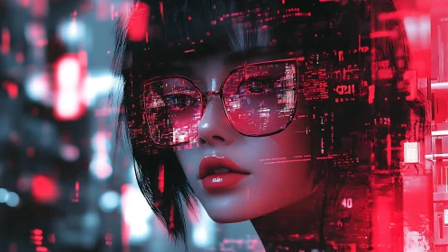 Cybernetic portrait merges neon HUD overlays with reflective glasses
