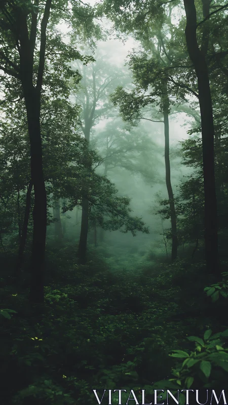 Misty Forest Path Through Dense Woodland.
