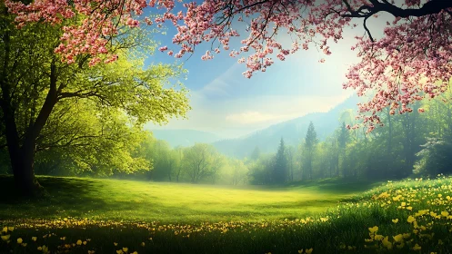 Spring meadow landscape under soft morning light.