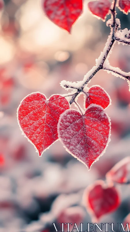 Frost kissed red leaves glowing softly in winter light.