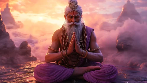 Elderly sage meditates cross-legged amid vivid sunset clouds