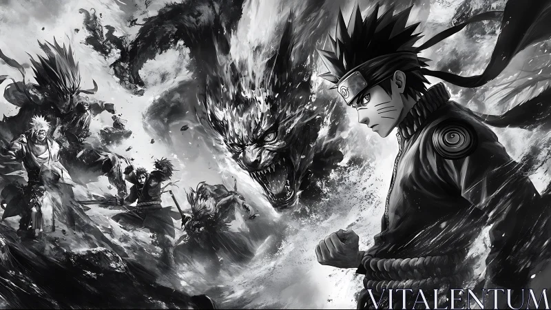 Anime warrior confronts raging demon in monochrome storm