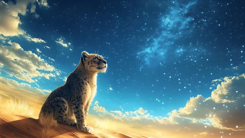 Snow Leopard Ascending Desert Dunes Under Cosmic Sky.