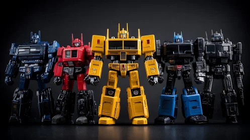 Five articulated robot figures stand aligned against dark backdrop