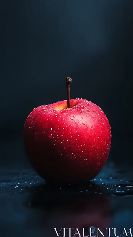 High-contrast macro of dewy red apple on dark wet surface