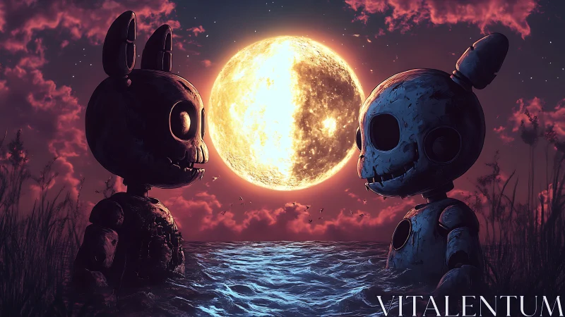 Animatronic moonlit standoff unfolds over eerie, silver sea.