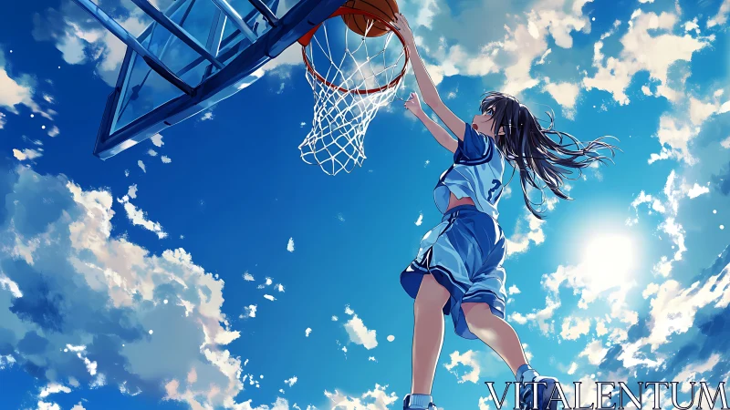 Dynamic low-angle anime illustration captures a skyward dunk