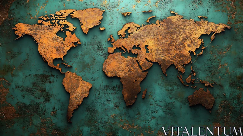 Weathered copper world map glowing on teal patina wall.