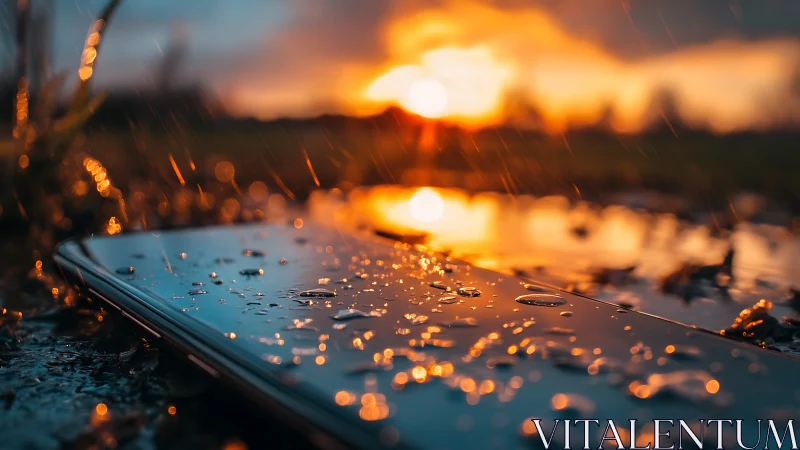 Smartphone in rain-soaked macro scene at sunset reflection.
